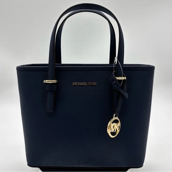 Michael Kors Jet Set Travel Extra-Small Top Zip Tote Bag Navy Blue/Gold - Picture 1 of 9
